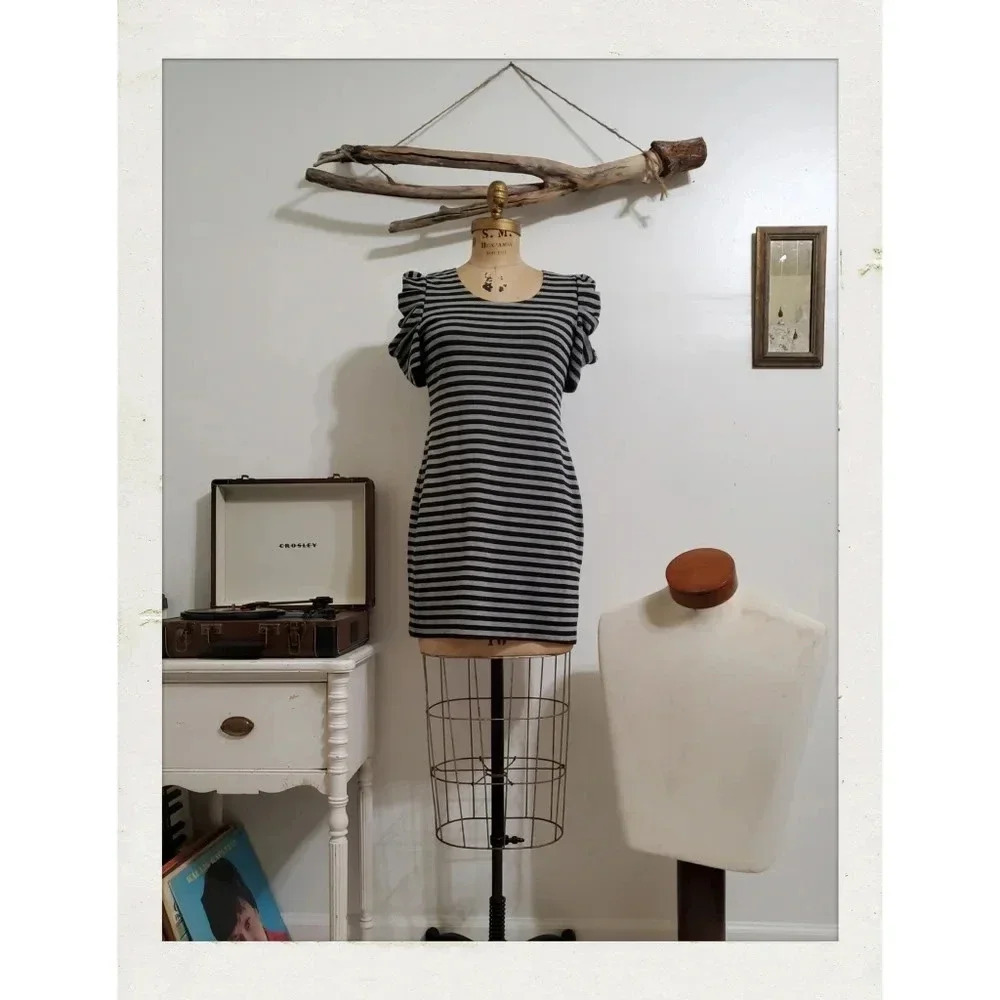 ✨BOGO FREE✨⚡Sweet Storm⚡Black Gray Stripe Babydoll Gothic Ruffle Tunic Dress